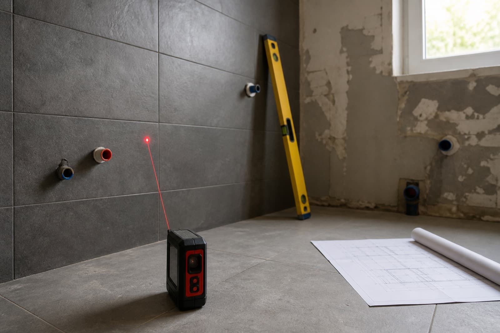 Banyo duvarında lazer metre ile ölçü alınması